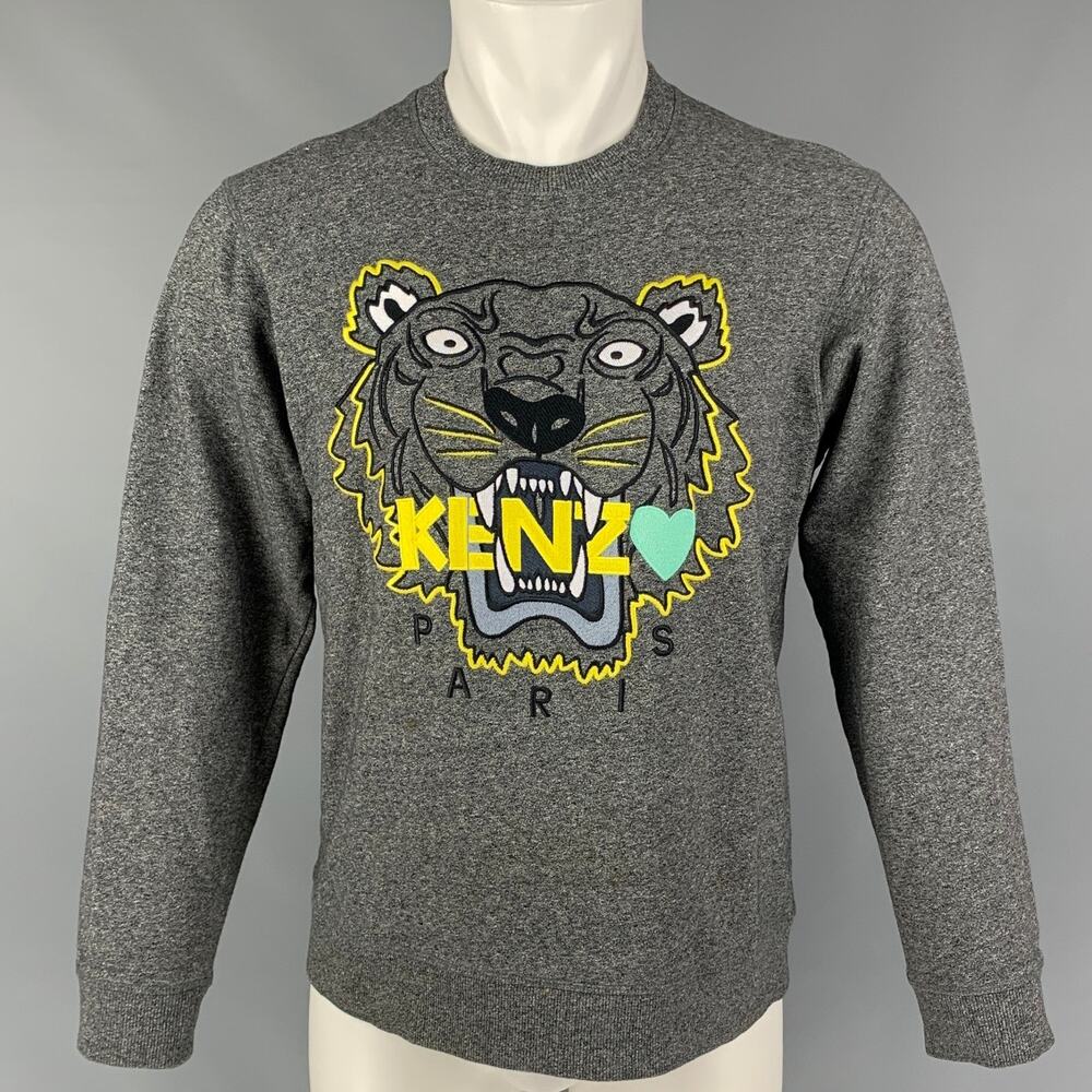 KENZO Size M Grey Yellow Embroidery Cotton Crew-Neck Pullover